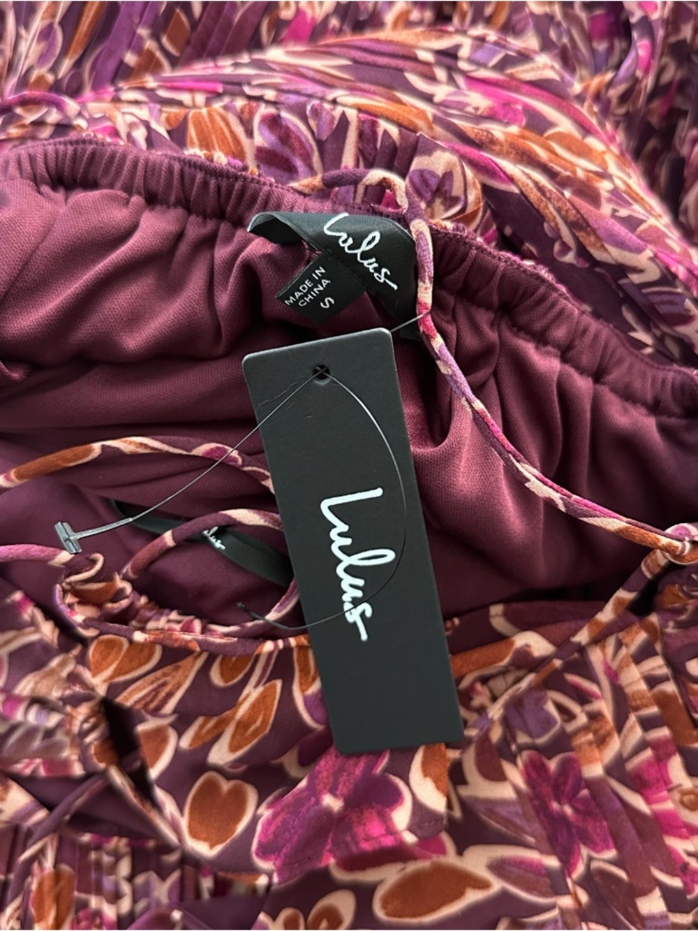 LULU’S KIT PLUM MULTI FLORAL PLEATED LACE UP MAXI DRESS - Picture 16 of 16
